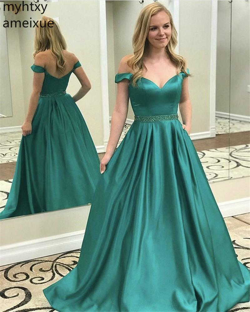 Изображение товара: Зеленое женское вечернее платье 2021, привлекательное недорогое длинное атласное платье-трапеция с открытыми плечами, на молнии сзади, с кристаллами и бусинами