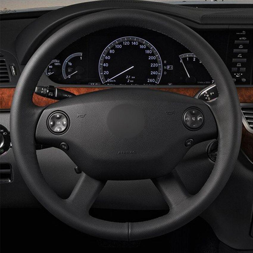 Изображение товара: Сшитые вручную Черные искусственные кожаные фотообои для Mercedes Benz A-Class A160 A180 чехол рулевого колеса автомобиля 2009-2012