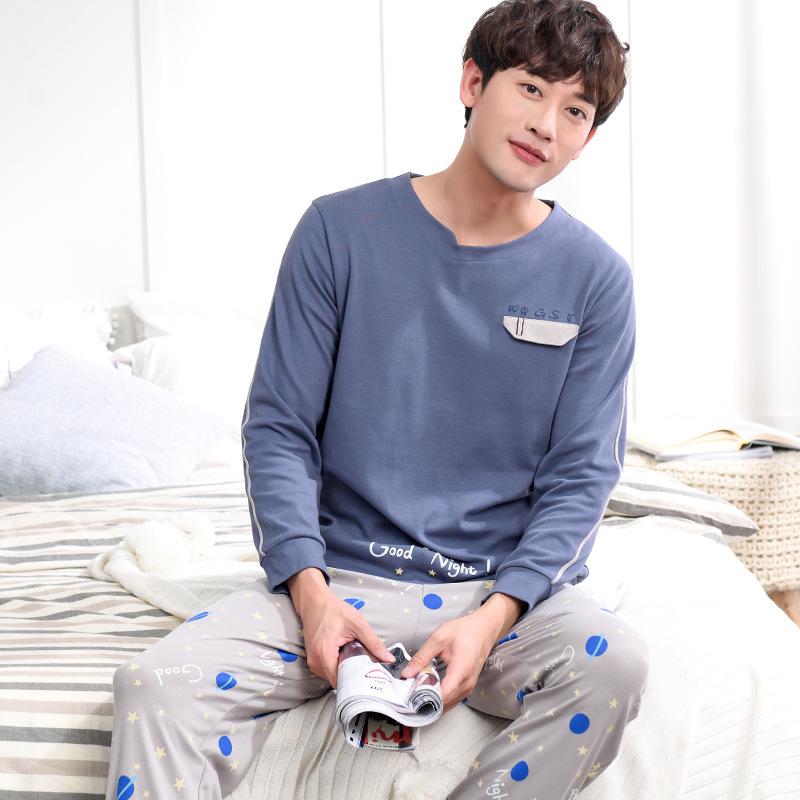 Изображение товара: Мужские весенние и осенние штаны с длинными рукавами хлопковые корейские Пижамы 2019 новые домашние мужские Пижамные наборы пижамы мужские s пижамы