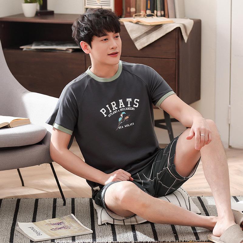 Изображение товара: Мужские летние хлопковые новые корейские пуловеры, пижамы, новые повседневные шорты с коротким рукавом, мужские пижамные комплекты из двух предметов, пижамный комплект для мужчин