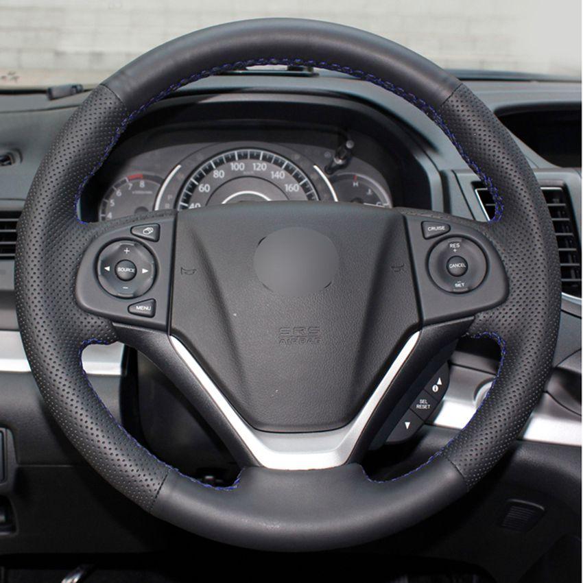 Изображение товара: Чехол для руля, сшитый вручную, черный чехол рулевого колеса автомобиля из искусственной кожи для Honda CR-V CRV 2012-2016