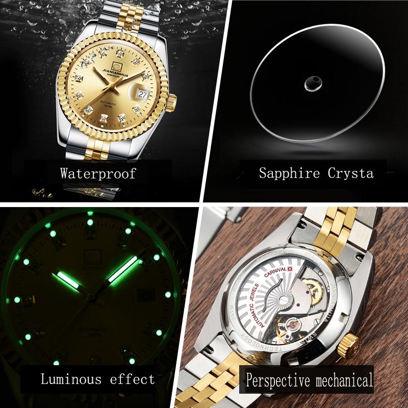 Изображение товара: Часы наручные Мужские автоматические механические, винтажные водонепроницаемые светящиеся брендовые люксовые золотистые