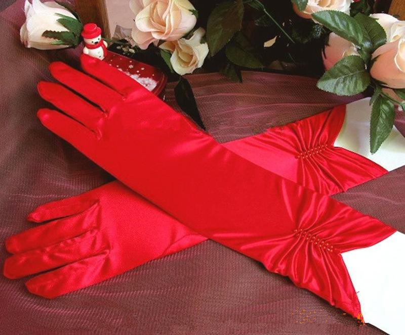 Изображение товара: Атласные свадебные перчатки с закрытыми пальцами, черные, красные элегантные белые свадебные перчатки с жемчугом, женские перчатки для официального банкета, Вечерние перчатки для невесты
