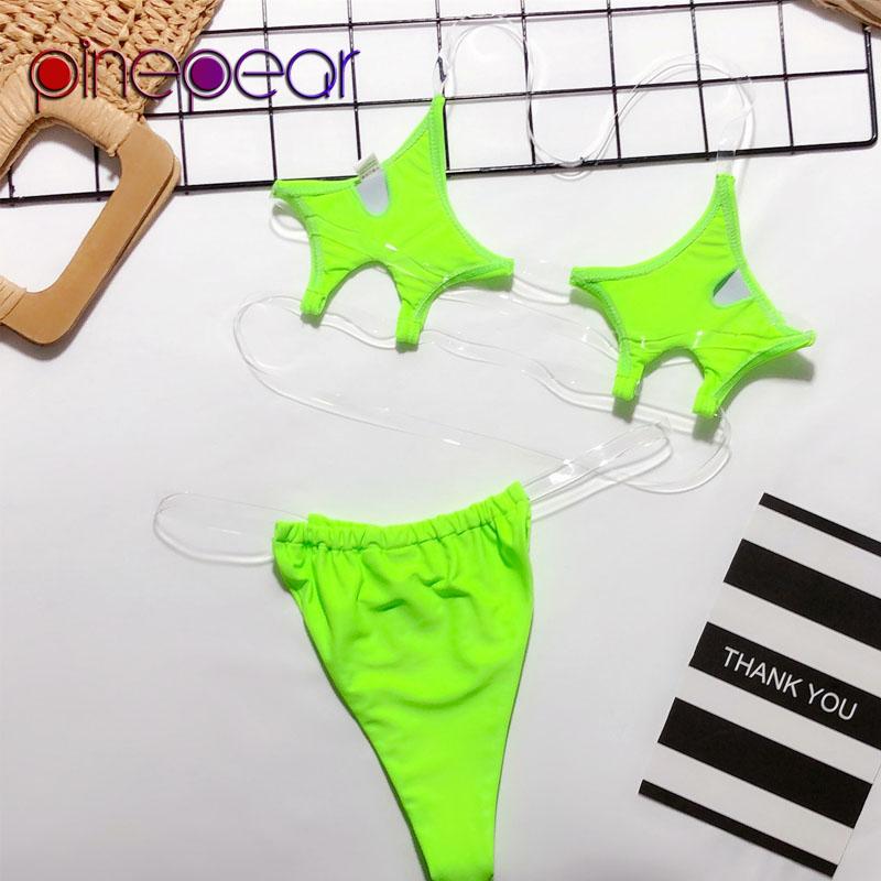Изображение товара: PinePear неоново-зеленые пентаграммы, комплект бикини, прозрачный бандо, 2 шт., женский купальный костюм, купальный костюм, оптовая продажа, 2019