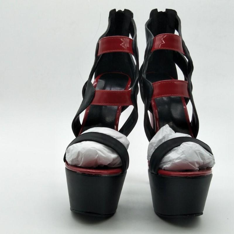 Изображение товара: Женские босоножки 2019, Босоножки с открытым носком и черной строчкой, Красные босоножки из искусственной кожи на молнии на высоком каблуке 14 см, размеры 34-45, босоножки для вечеринки