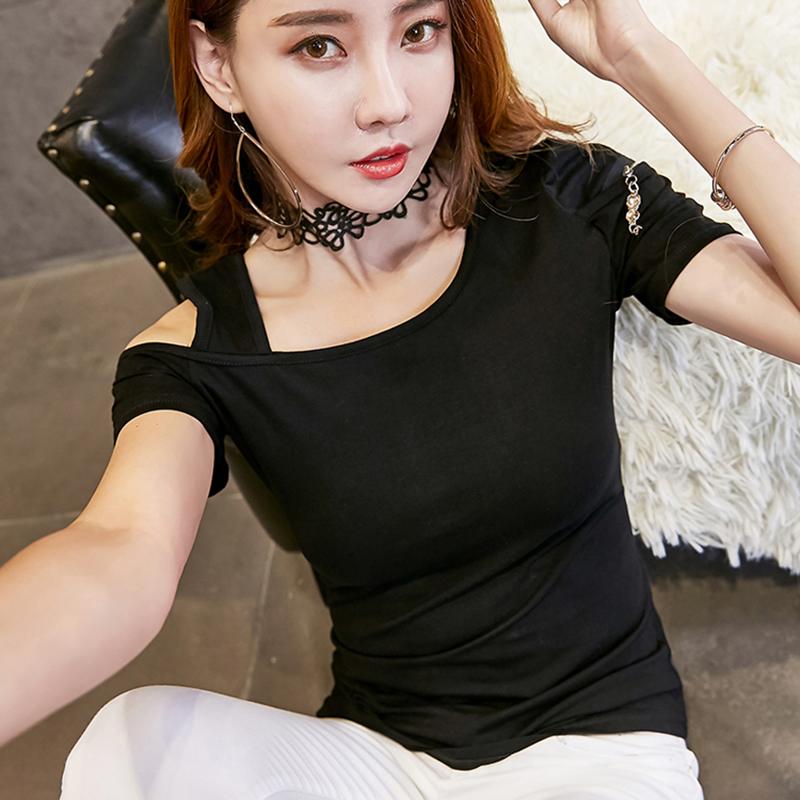 Изображение товара: Хлопковая черная футболка Shintimes, женские топы на молнии в Корейском стиле с открытыми плечами, футболка, женская одежда, лето 2020, женская футболка