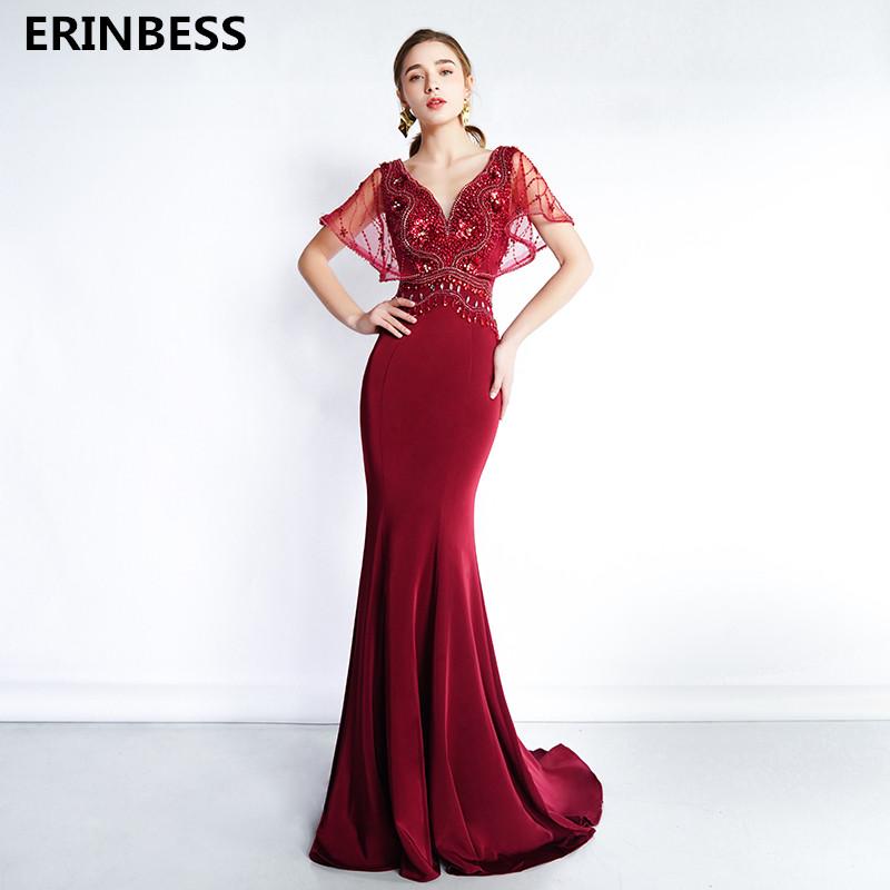 Изображение товара: Vestido de festa вечернее платье с v-образным вырезом и v-образным вырезом длинное платье 2020 модный халат De Soiree Бисероплетение бордовый вечернее платье