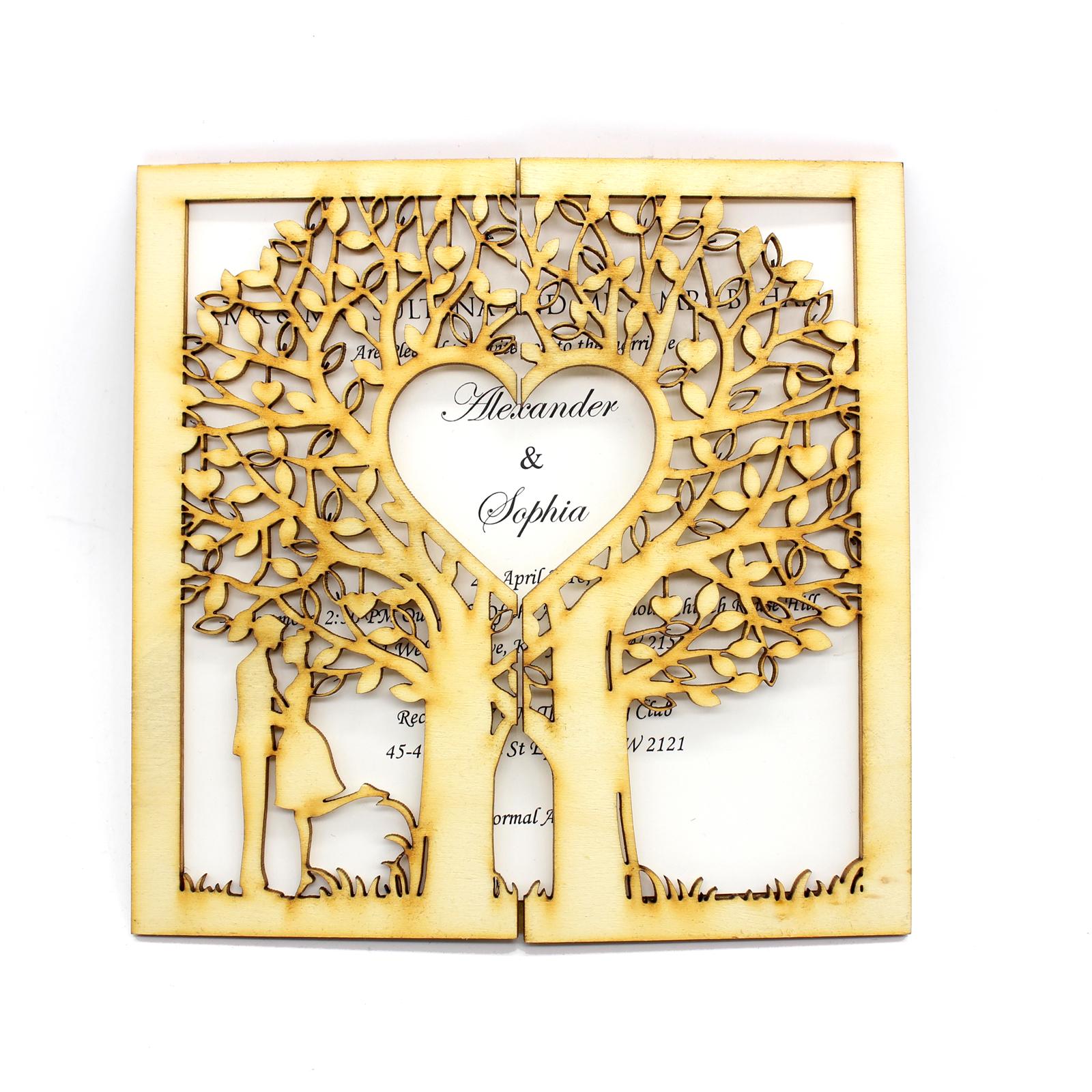 Изображение товара: Свадебное приглашение в деревенском стиле, деревянное приглашение, бумажное приглашение, вырезанное дерево, дерево жизни, выгравированное сердце, монограмма, 10 шт.