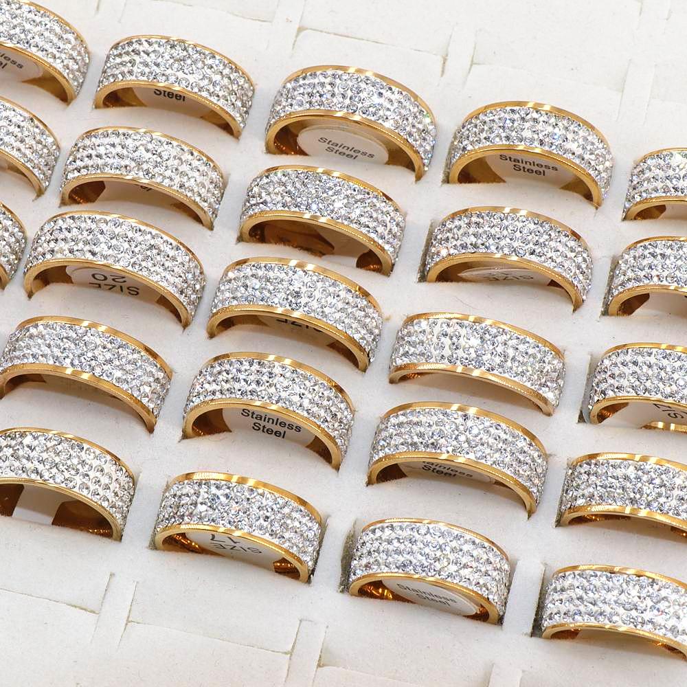 Изображение товара: Оптовая продажа, 36 шт./партия, кольца из нержавеющей стали со стразами, модные женские кольца для свадебной вечеринки, полированные внутри