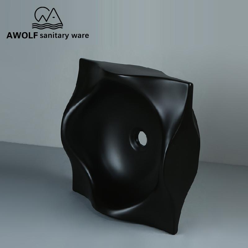 Изображение товара: Художественная раковина для ванной комнаты, матовая черная керамическая раковина с волнистым дизайном, чаша для мытья ручной работы, Современная раковина для туалетной комнаты AM904