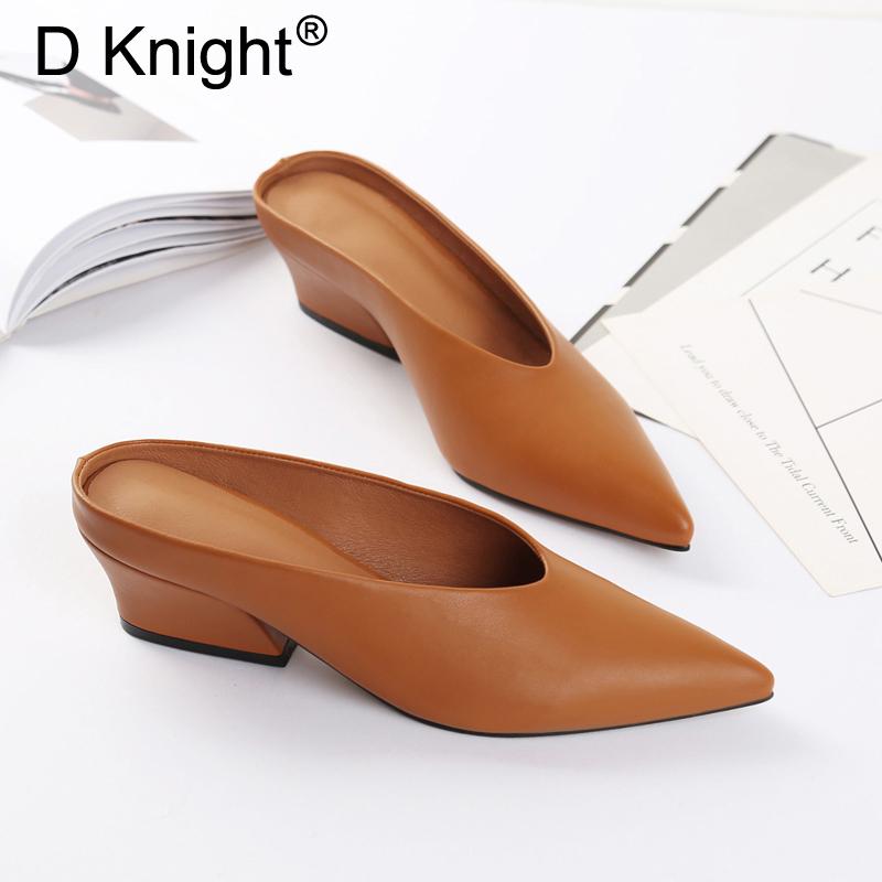 Изображение товара: D Knight 2020 женские брендовые тапки, женские повседневные тапки на среднем каблуке, тапочки шлепанцы, сексуальные туфли-лодочки с заостренным носком, сандалии