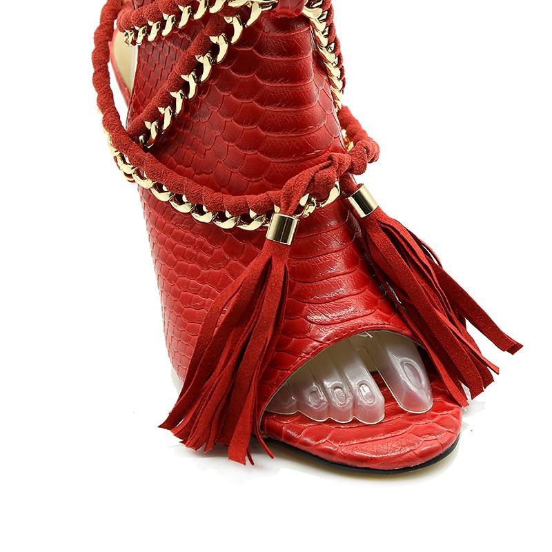 Изображение товара: Босоножки женские на высоком каблуке, дизайнерские сандалии-гладиаторы с цепочками, открытый носок, змеиная кожа, с принтом, бахромой, ремешком на щиколотке