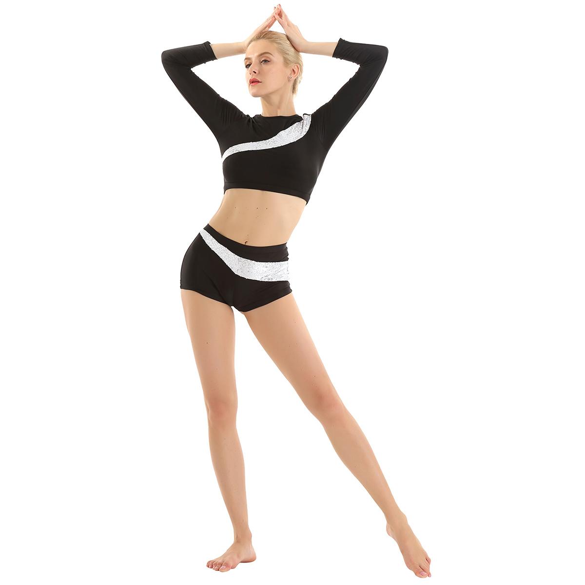 Изображение товара: Женский гимнастический купальник, блестящий короткий топ с блестками и длинными рукавами, облегающие шорты