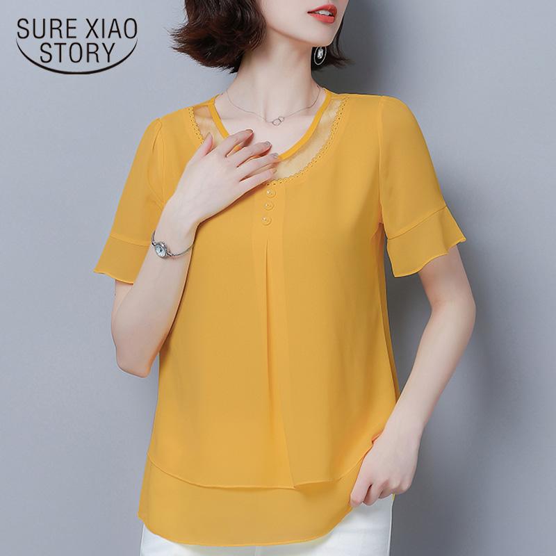 Изображение товара: Однотонная шифоновая блузка для женщин, модель 2021 размера плюс, женская летняя блузка с коротким рукавом, Женские топы и блузки, блузки 5066 50