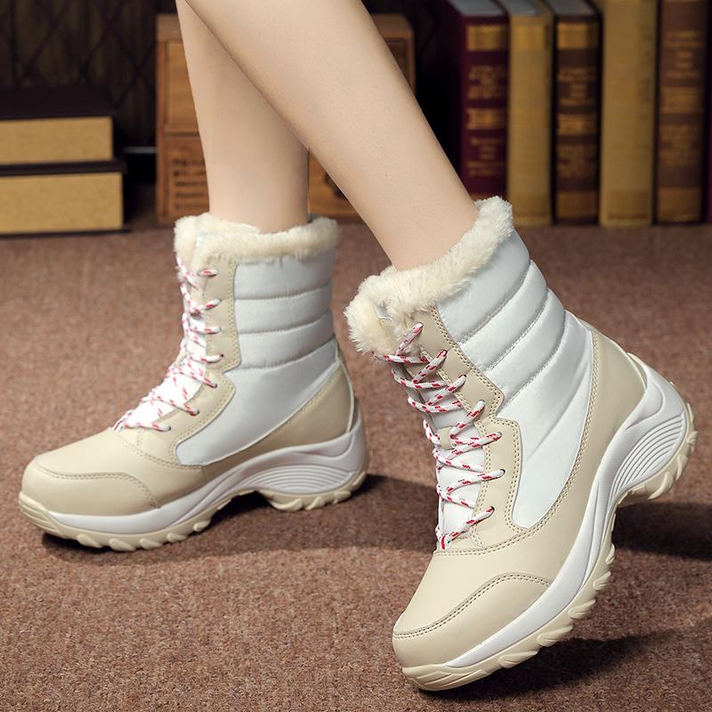 Изображение товара: BIMUDUIYU женские зимние женские сапоги, сапоги до середины икры, сохраняющая тепло обувь на платформе, водонепроницаемая плюшевая обувь с высоким вырезом, зимние сапоги