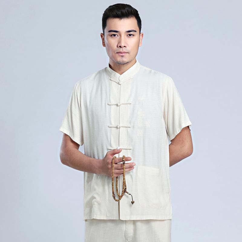 Изображение товара: Рубашка мужская с коротким рукавом, хлопок и лен, повседневная одежда, свободная винтажная одежда, Топ кунг-фу Тан, однотонная