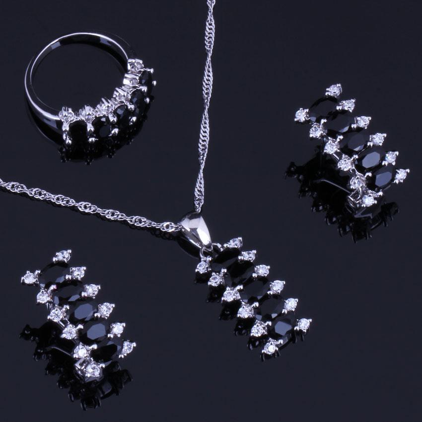 Изображение товара: Привлекательный черный кубический цирконий Белый CZ Посеребренные Ювелирные наборы серьги подвеска цепочка кольцо V0301