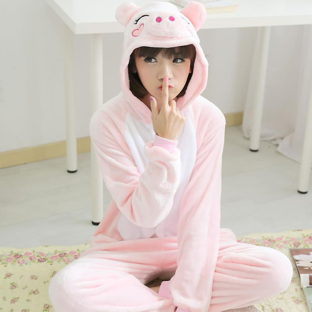 Изображение товара: Пижама для взрослых, Женская фланелевая одежда для сна, пижама в стиле унисекс с милыми мультяшными животными из свиньи, пижама с капюшоном, кигуруми