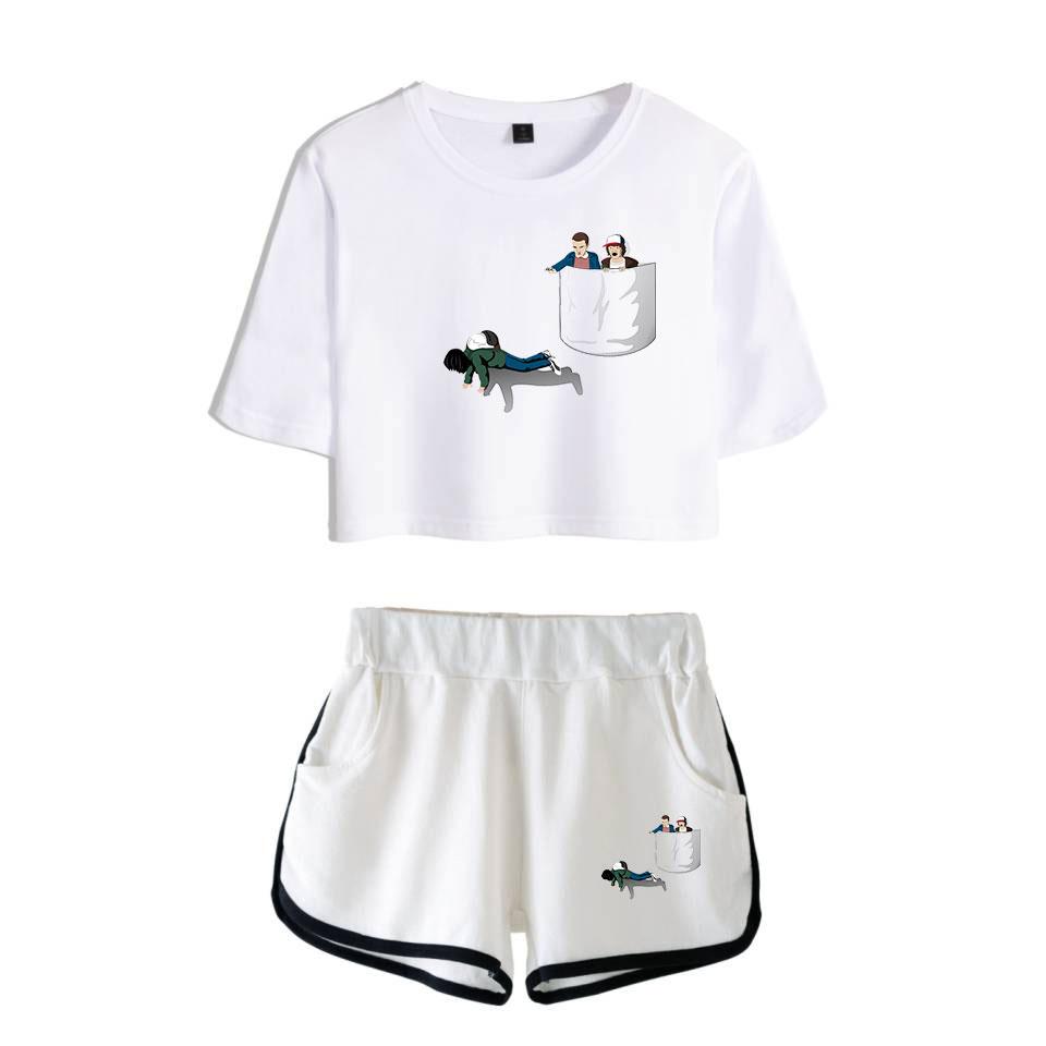 Изображение товара: Stranger Things Women 2 Piece Outfits Summer Short Sleeve Tshirt+High Waist Shorts Side Striped Pant Crop Top Casual Tracksuit