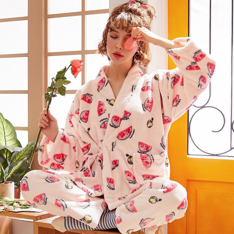 Изображение товара: Женская зимняя пижама из плотного кораллового флиса, женский халат-кимоно, халат, брюки с длинным рукавом, фланелевые женские пижамные комплекты, Пижама