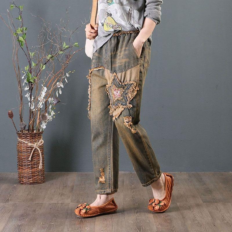 Изображение товара: Джинсы женские с вышивкой, винтажные рваные брюки-султанки из денима с дырками, хлопковые брюки-султанки средней длины с эластичным поясом, D97, на весну
