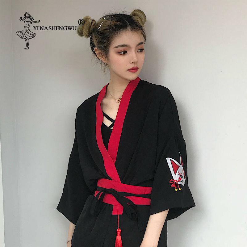 Изображение товара: Японское кимоно, женская рубашка в стиле Харадзюку, блузка с вышивкой и лисой, Свободные повседневные топы, блузки, кимоно, кимоно для косплея, кимоно с ремнем