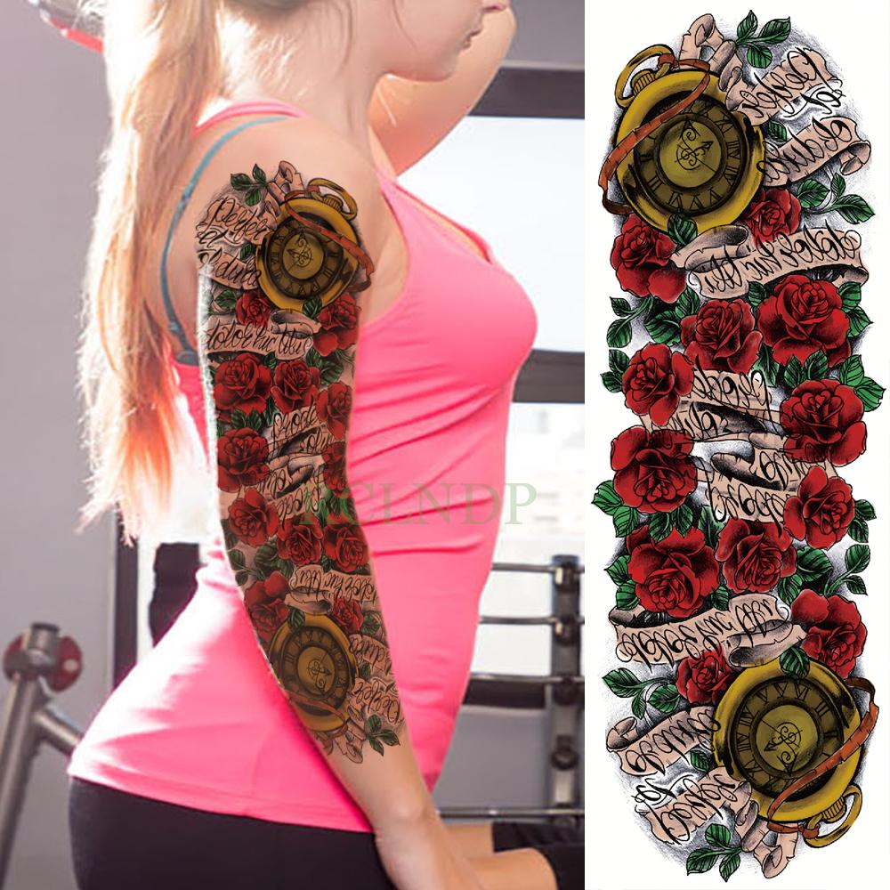 Изображение товара: Водонепроницаемые временные тату наклейки часы роза цветок полная рука поддельные тату флэш-тату рукав большой размер для девушек женщин леди