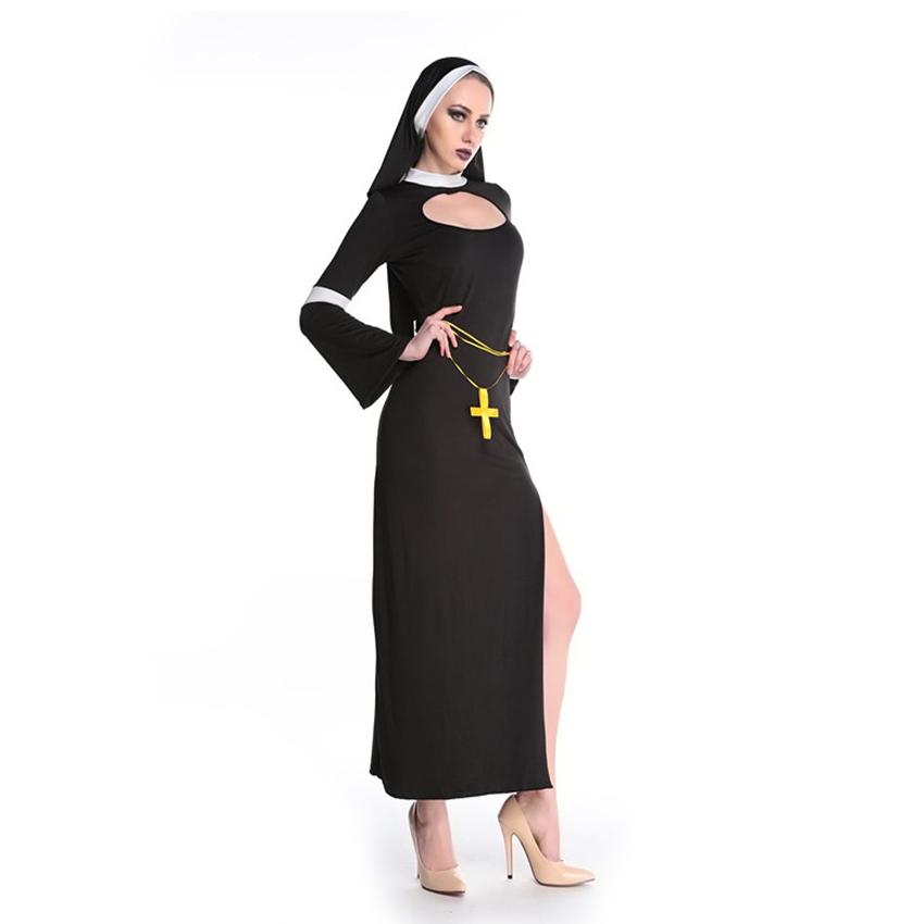 Изображение товара: Черный сексуальный костюм монахини Дева Мария платье монахини костюм на Хэллоуин для женщин нарядный наряд платье на Хэллоуин с платком