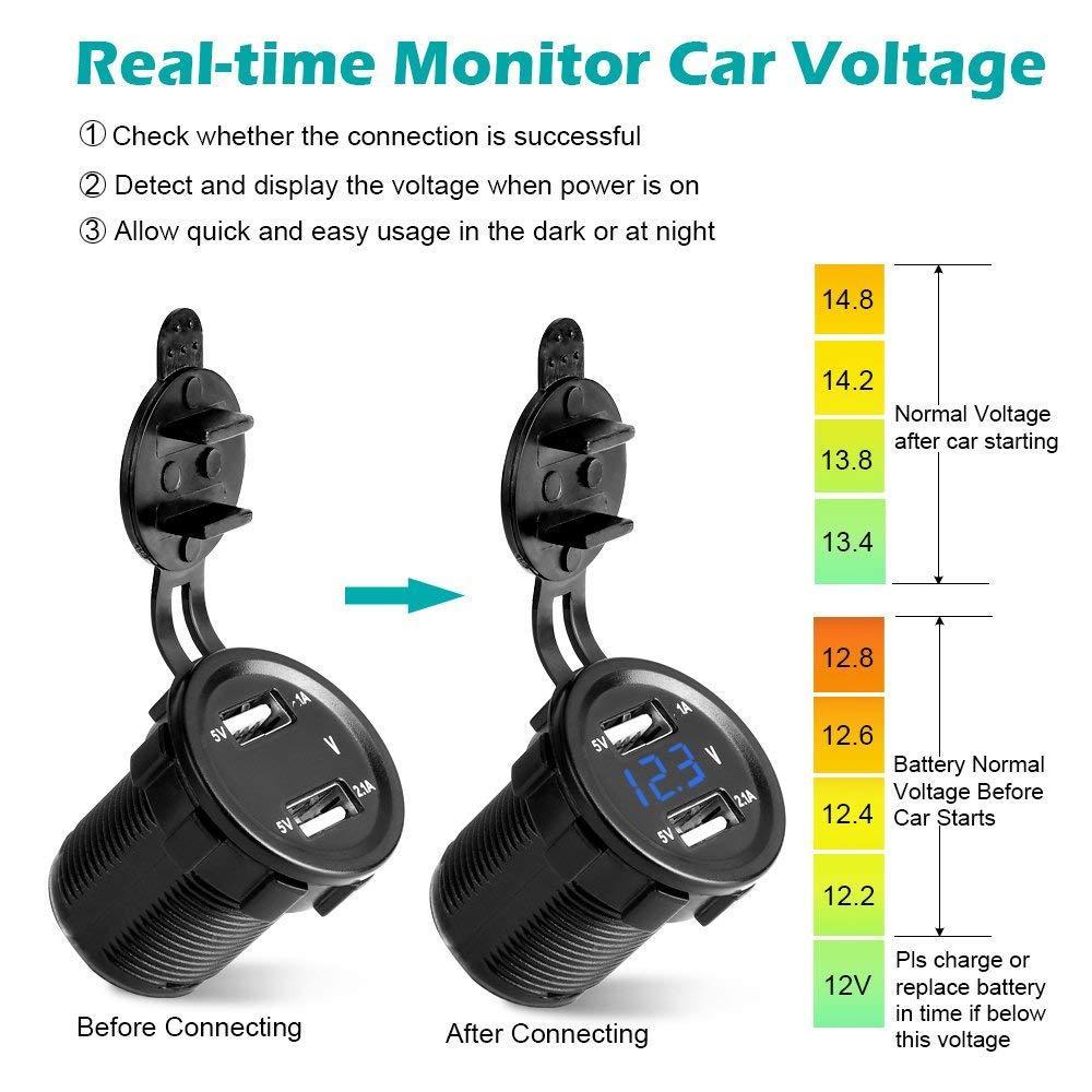 Изображение товара: Устройство для автомобиля с двумя портами USB Зарядное устройство гнездо Мощность выход 1A & 2.1A синий светодиодный цифровой вольтметр Быстрая Зарядка адаптер автомобиль лодка морской для мобильных устройств