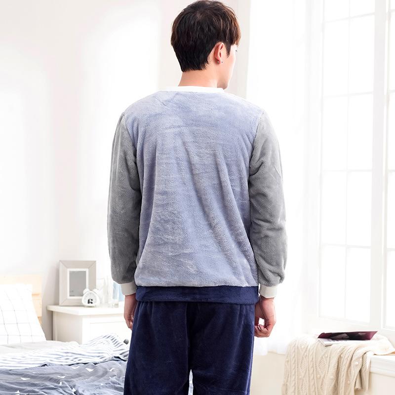 Изображение товара: Мужские осенние и зимние флисовые толстые фланелевые брюки с длинными рукавами, милый пуловер с рисунком, пушистые пижамные комплекты, мужские пижамы
