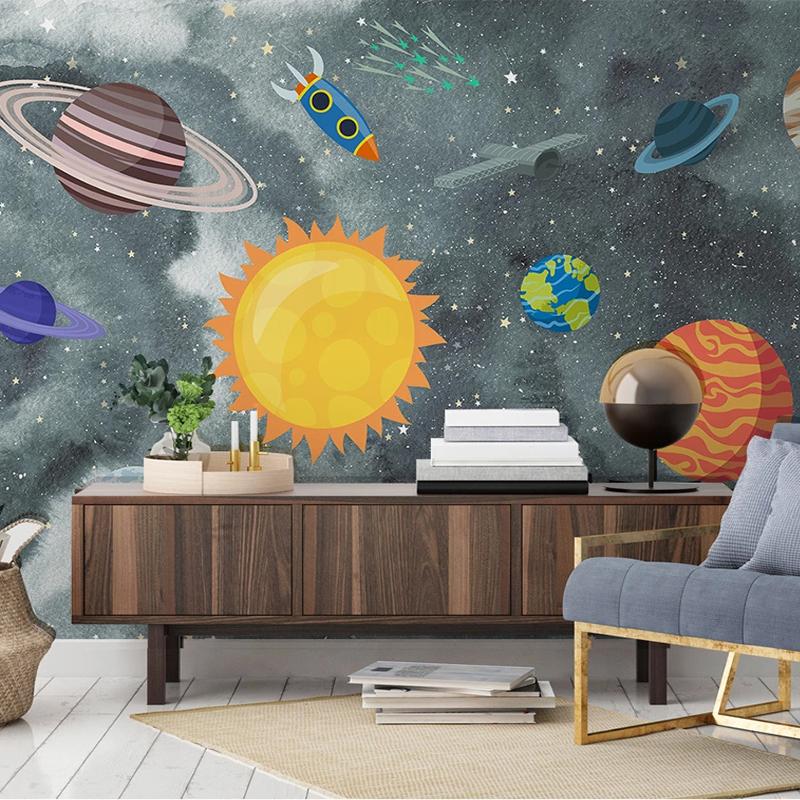 Изображение товара: Пользовательские 3D Настенные обои мультфильм ручная роспись Вселенная планета ракета детская комната спальня Водонепроницаемый самоклеющиеся наклейки на стену