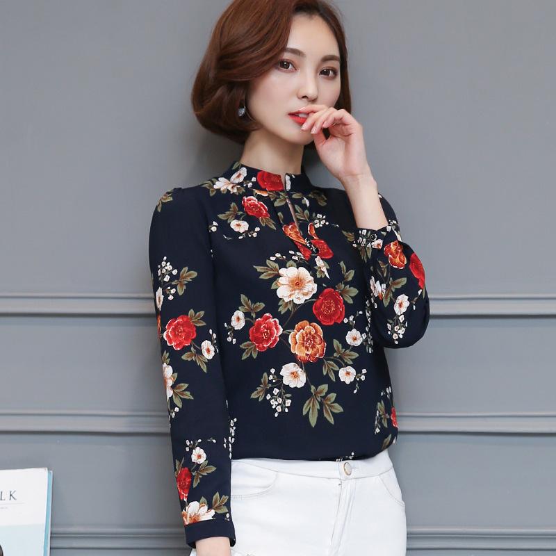 Изображение товара: Женская шифоновая рубашка с длинным рукавом, офисная блузка с V-образным вырезом и принтом, модель H9139 в Корейском стиле на весну и осень