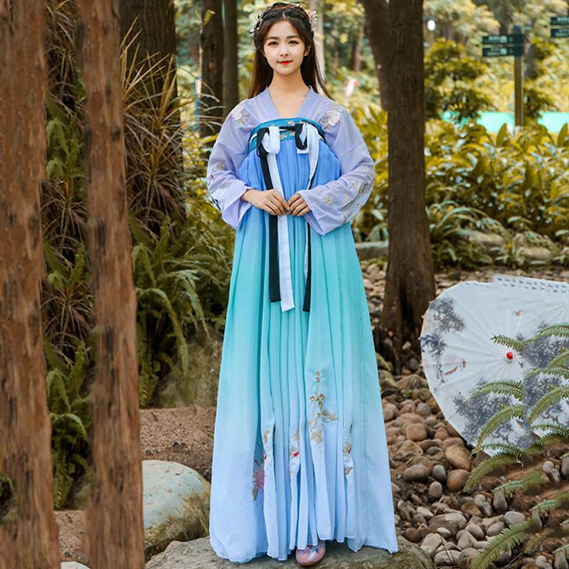 Изображение товара: Hanfu костюм для танцев с вышивкой для певцов, Женская народная одежда для выступлений на сцене, наряд для восточного фестиваля, женское платье феи, DF1022