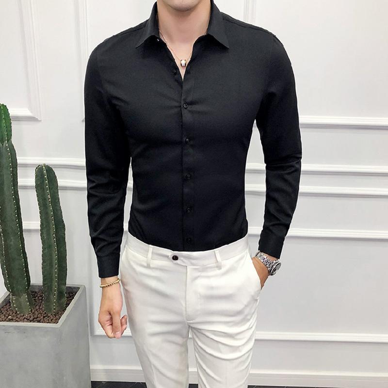 Изображение товара: Новинка 2022, Мужская модная эксклюзивная однотонная официальная деловая рубашка с длинным рукавом, Мужская облегающая Повседневная Однотонная рубашка с длинным рукавом