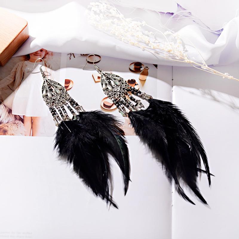 Изображение товара: Цыганские серьги для женщин, Висячие белые длинные серьги с перьями, богемные винтажные модные висячие серьги с бусинами, бижутерия