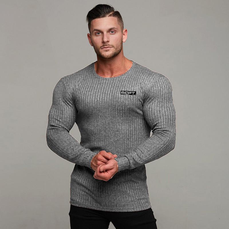Изображение товара: Muscleguys/2021 осенний повседневный мужской свитер с круглым вырезом в полоску, облегающая вязаная одежда, мужские свитера, пуловеры, пуловер для мужчин