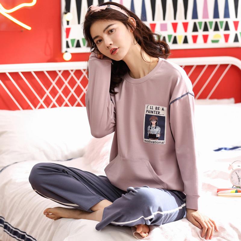 Изображение товара: Женский хлопковый пижамный комплект, новый весенне-осенний Пижамный пуловер в Корейском стиле с длинными рукавами для студентов