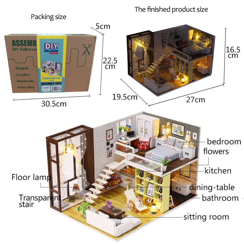 Изображение товара: Новый игрушечный кукольный домик, миниатюрный деревянный кукольный домик, лофта с кухонной спальней, ванной, лучший подарок для детей, Diy кукольный домик, игрушки для детей