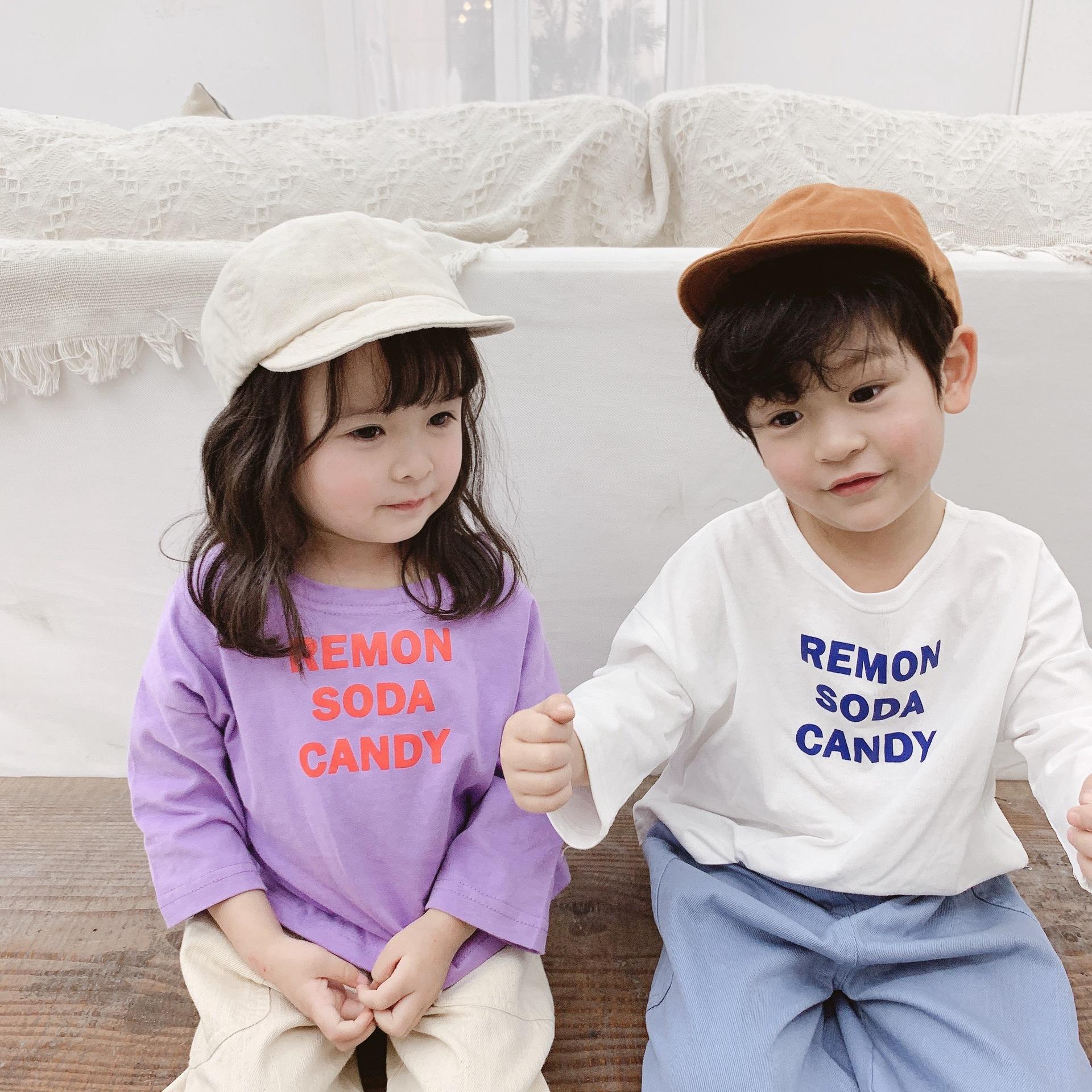 Изображение товара: Детская одежда, футболки, повседневные хлопковые топы с буквами для девочек, одежда для малышей, модные корейские рубашки для мальчиков, осенние детские футболки, новинка