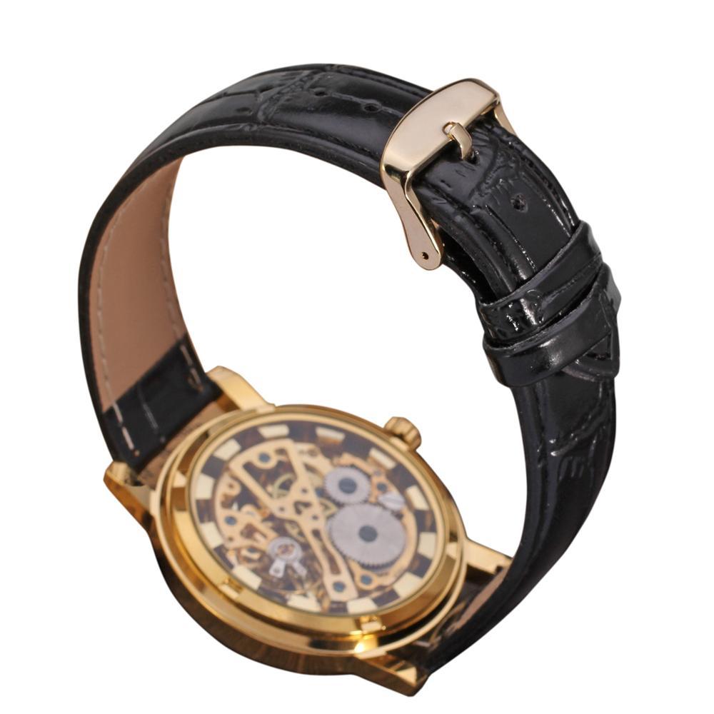 Изображение товара: Часы WINNER с уникальной поверхностью, золотые арабские цифры, без цифрового циферблата, черный кожаный ремешок, мужские механические часы