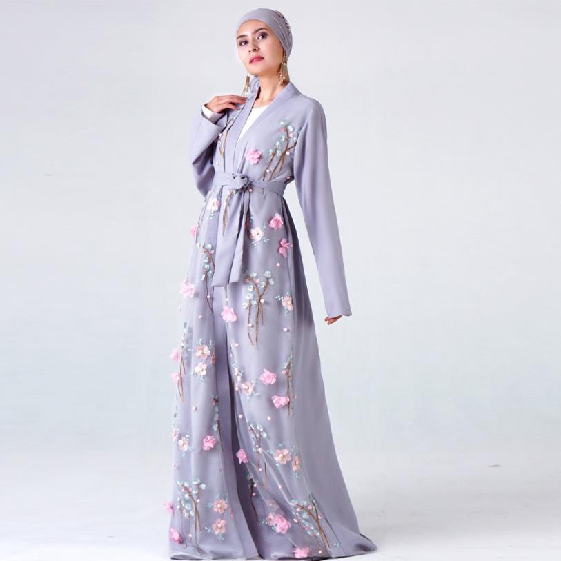 Изображение товара: Рамадан, Цветочная вышивка, кимоно, мусульманская одежда, кардиган, Abayas, женская мода, 3D Аппликации, мусульманская одежда wq2349