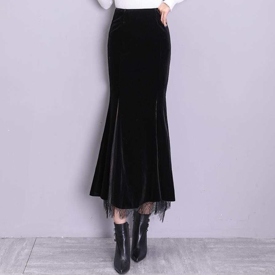 Изображение товара: Женская бархатная юбка с разрезом, длинная юбка с высокой талией, Осень-зима 2021