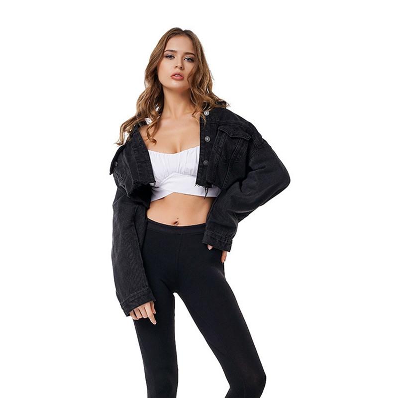 Изображение товара: Женская короткая джинсовая куртка бойфренда, укороченная винтажная куртка из денима с длинным рукавом, повседневное Свободное пальто, черная куртка-бомбер