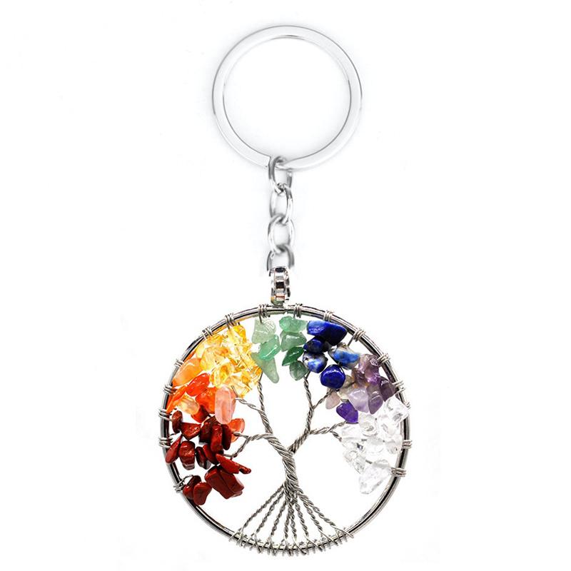 Изображение товара: Брелок с 7 чакрами из натурального камня для йоги, кольцо для ключей, подарок, круглый брелок с деревом жизни для женщин и девушек, подвески, брелки, ювелирные изделия