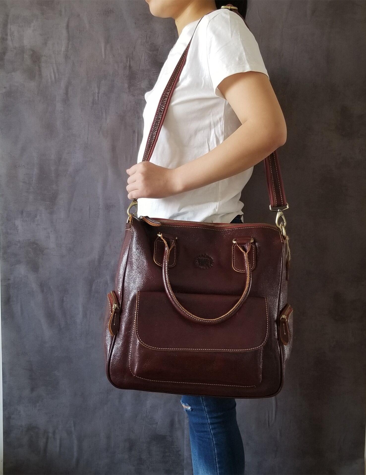 Изображение товара: Портфель женский из натуральной кожи, деловой чемоданчик через плечо для компьютера 14 дюймов, Вместительная дорожная сумка через плечо в стиле ретро