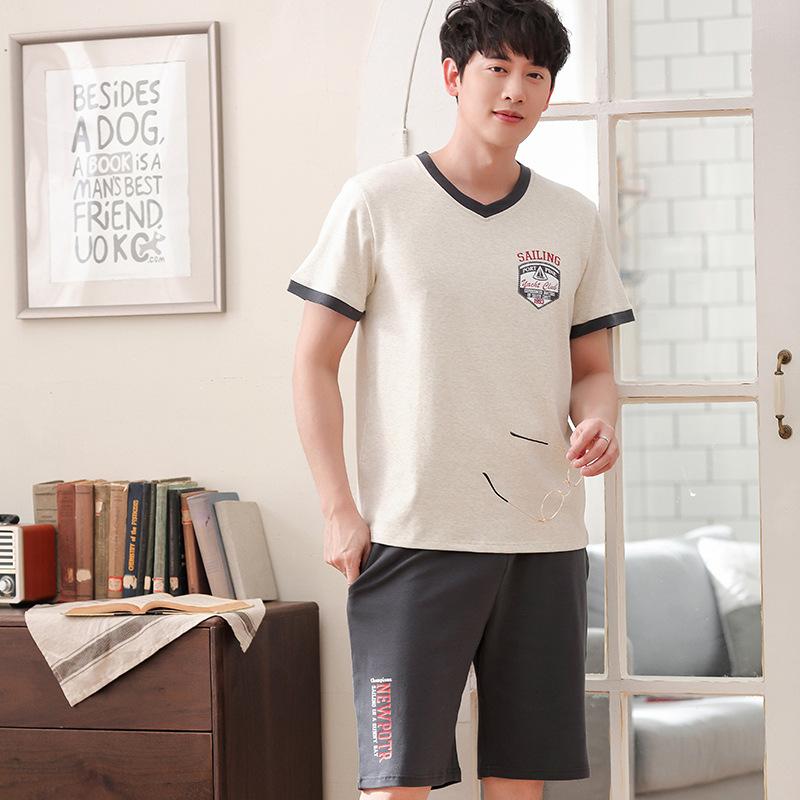 Изображение товара: Мужская летняя новая Корейская Хлопковая пижама, удобные повседневные шорты с коротким рукавом, тонкий костюм, Мужские пижамные комплекты, мужской пижамный комплект