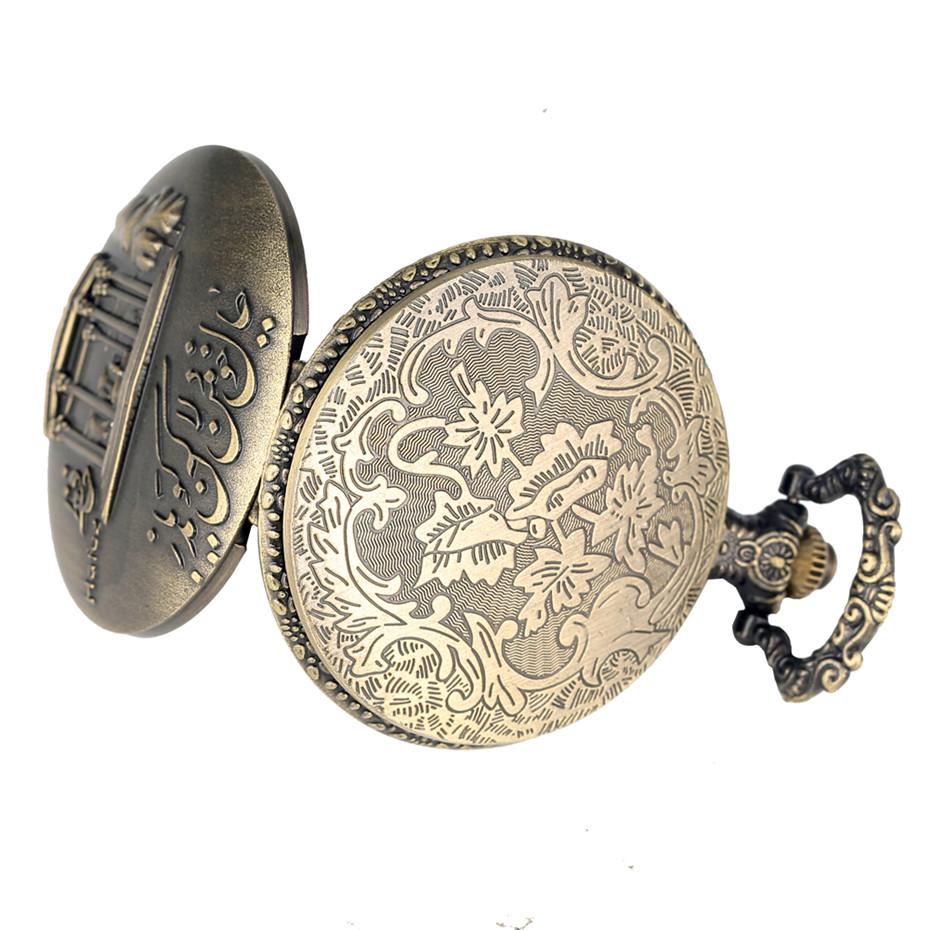 Изображение товара: Новое поступление 2019, кварцевые карманные часы с отображением гробницы Шираз Хафез, бронзовое ожерелье, часы с арабскими цифрами, звеньевая цепь