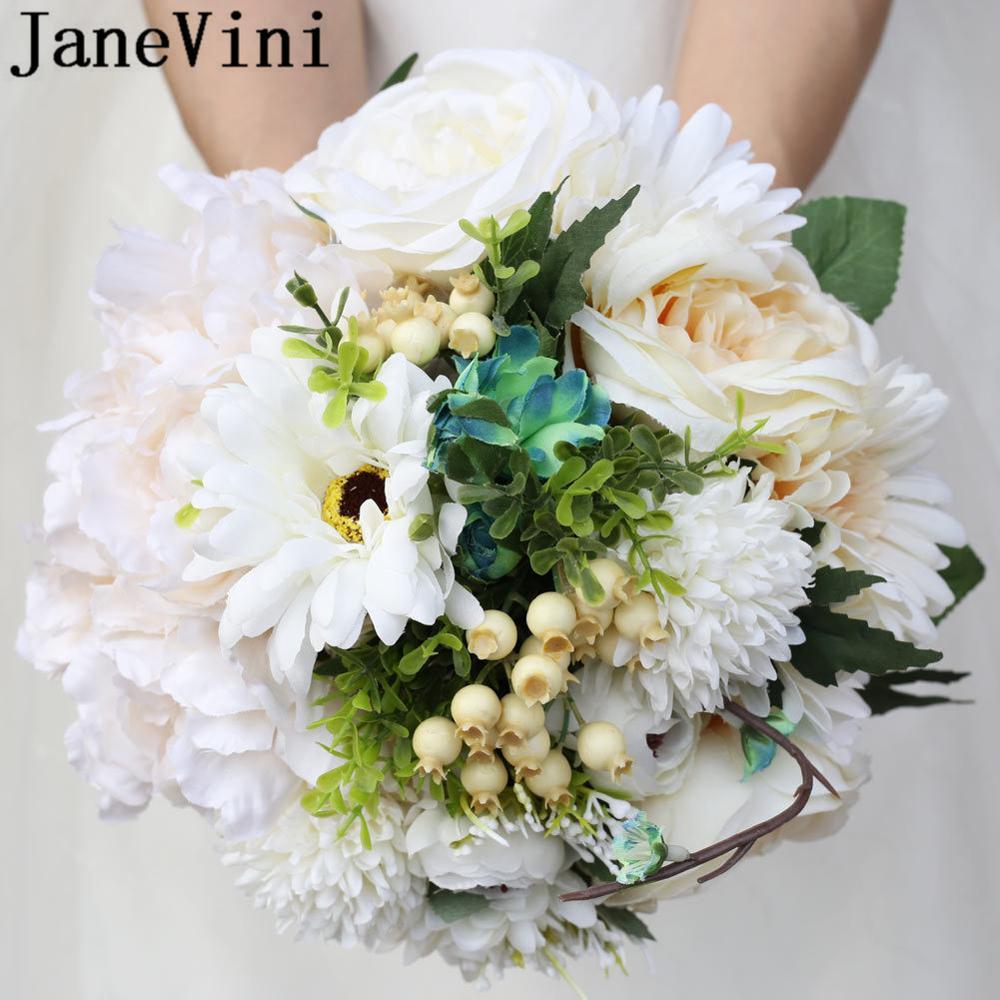 Изображение товара: JaneVini белый цветок свадебные букеты серебряные Стразы ручной работы Свадебный букет невесты Искусственный Пион Mariage аксессуары