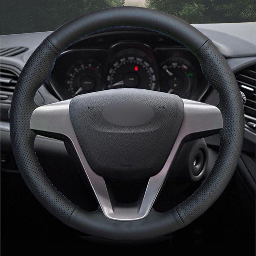 Изображение товара: Сшитая вручную черная искусственная кожа Чехол рулевого колеса автомобиля для Lada Vesta 2015, 2016, 2017, 2018, 2019, Xray 2015-2019