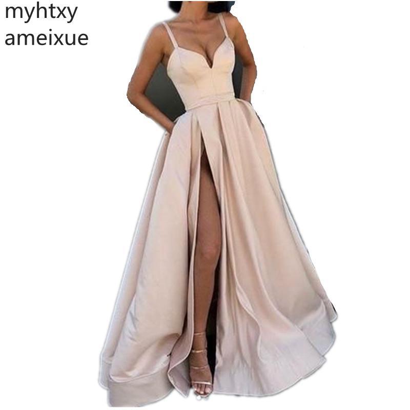 Изображение товара: Женское атласное платье с разрезом сбоку, ТРАПЕЦИЕВИДНОЕ простое вечернее платье в пол, длинное вечерние для выпускного вечера, 2021